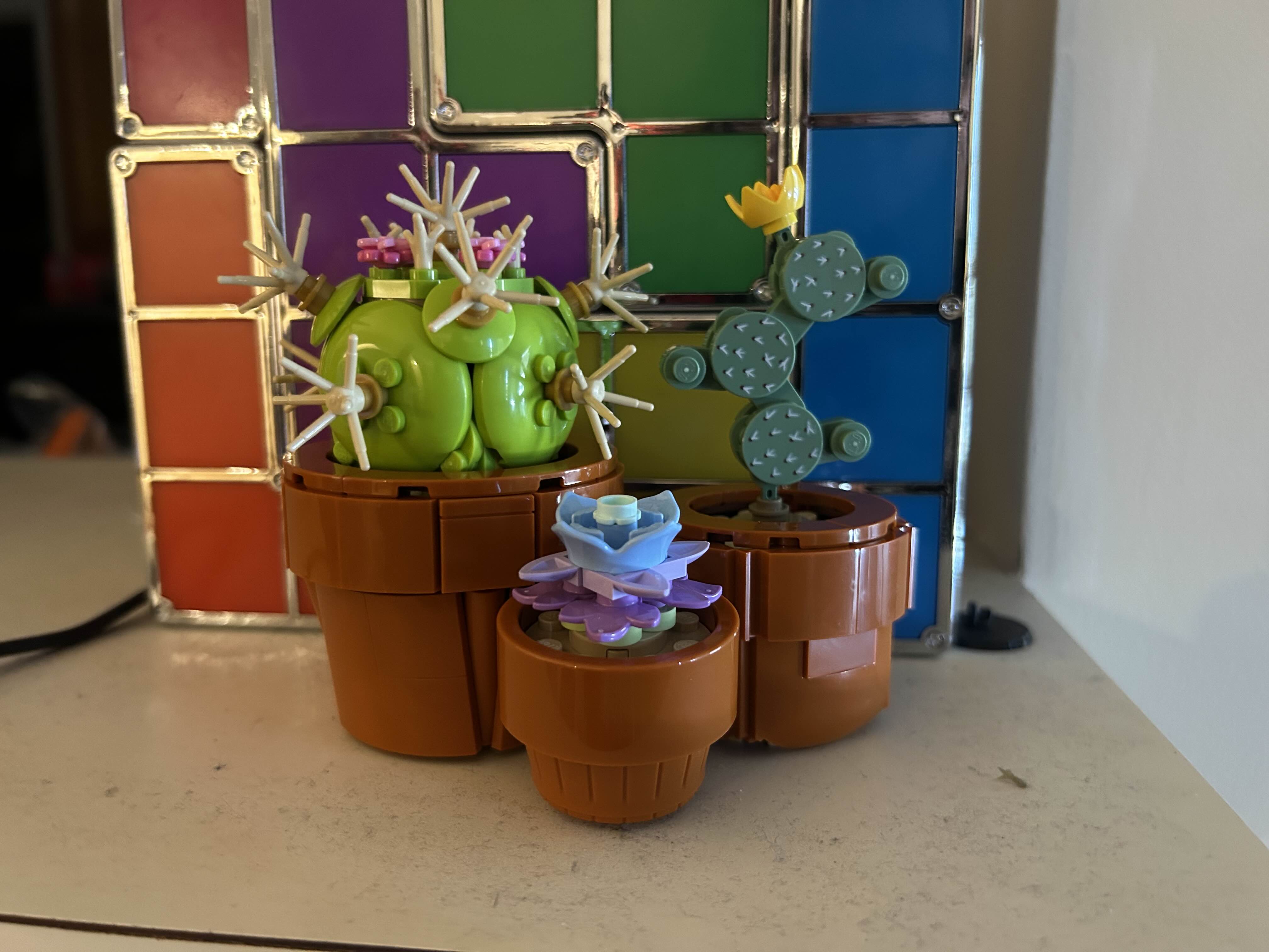 Image of three LEGO flowers sitting on a counter in front of Tetris blocks. The flowers are all cacti or succulents in pots and are of varying sizes. The largest is a wide cactus with pink flowers on the top and spikes all over. The medium sized plant is a tall cactus in three circular sections and a yellow flower at the top. The smallest plant is a purple and blue succulent.